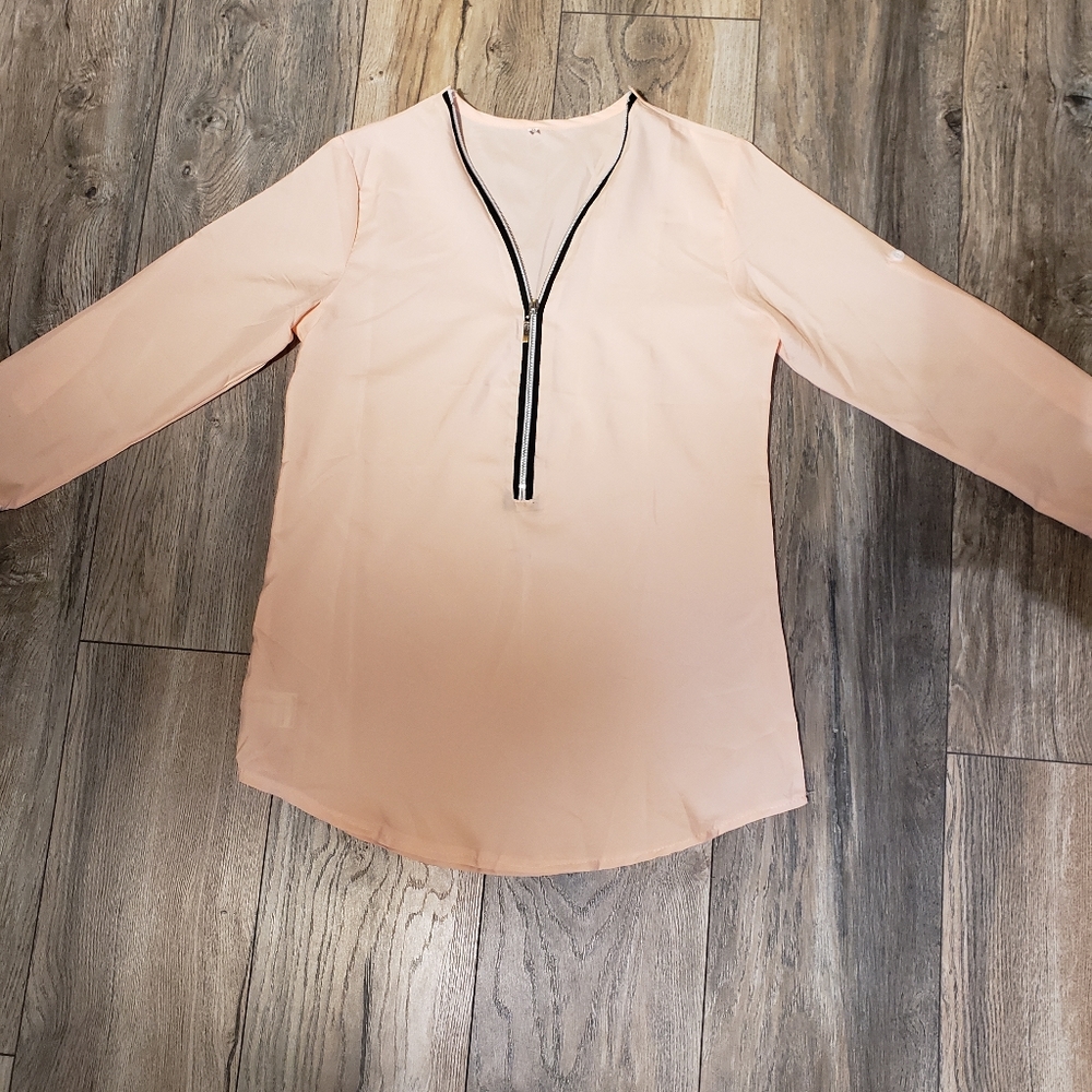 Chiffon light pink half zip blouse.